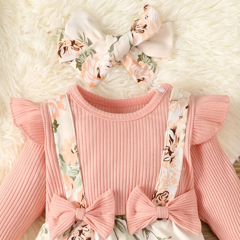 0-2-year-old newborn baby girl spring and autumn section pink shirt flower print one-piece trousers cute - Image 3