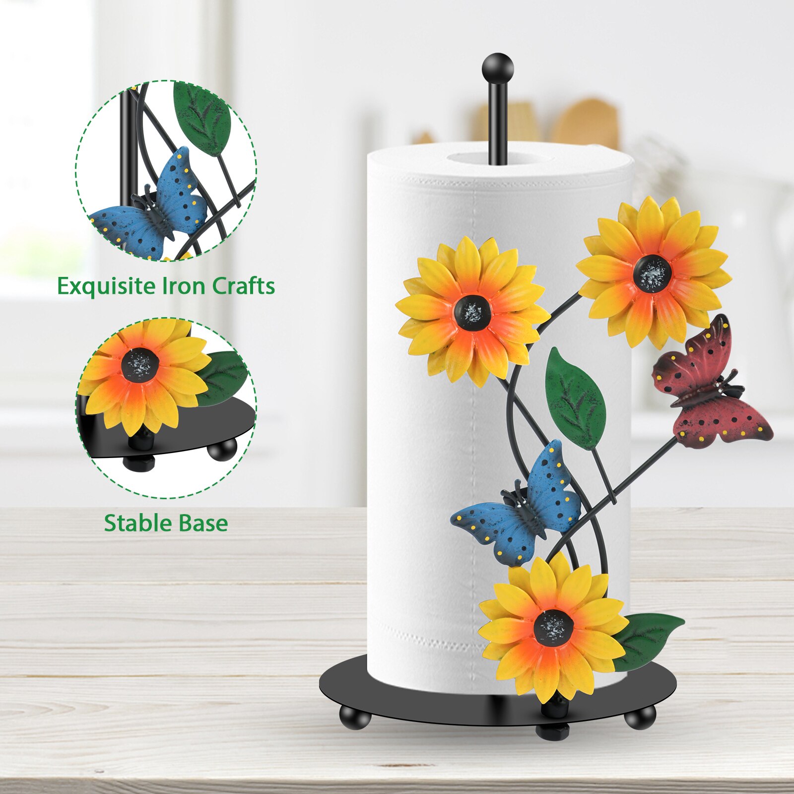 Sunflower Paper Towel Holder Iron Standing Home Kitchen Roll Stand Lifelike Butterfly/Bee Paper Towel Stand Decorative - Image 3